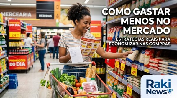 Mostra uma consumidora sorridente, consultando um panfleto de ofertas e uma lista de compras, com um carrinho cheio de produtos variados, transmitindo a ideia de alguém que está aplicando estratégias para gastar menos.