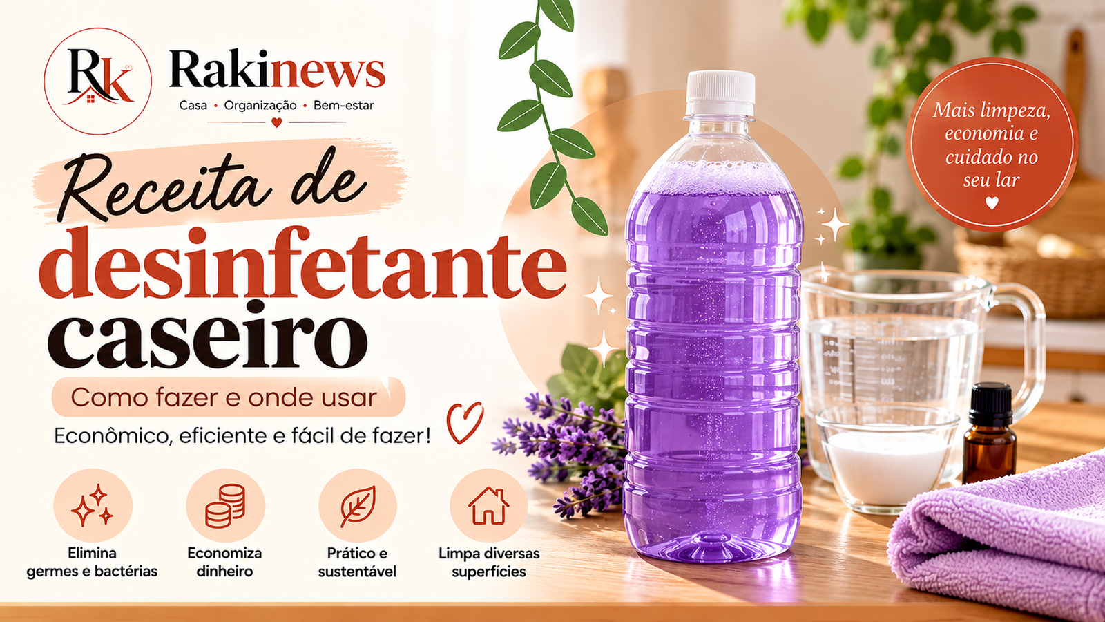Receita de desinfetante caseiro multiuso: como fazer e onde usar com segurança